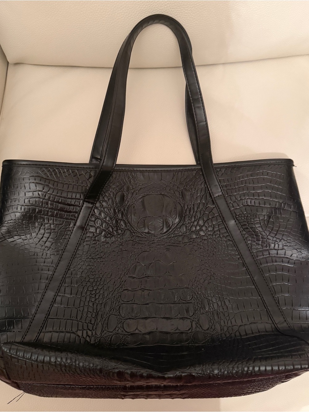Black Crocodile-Embossed Leather Tote Bag